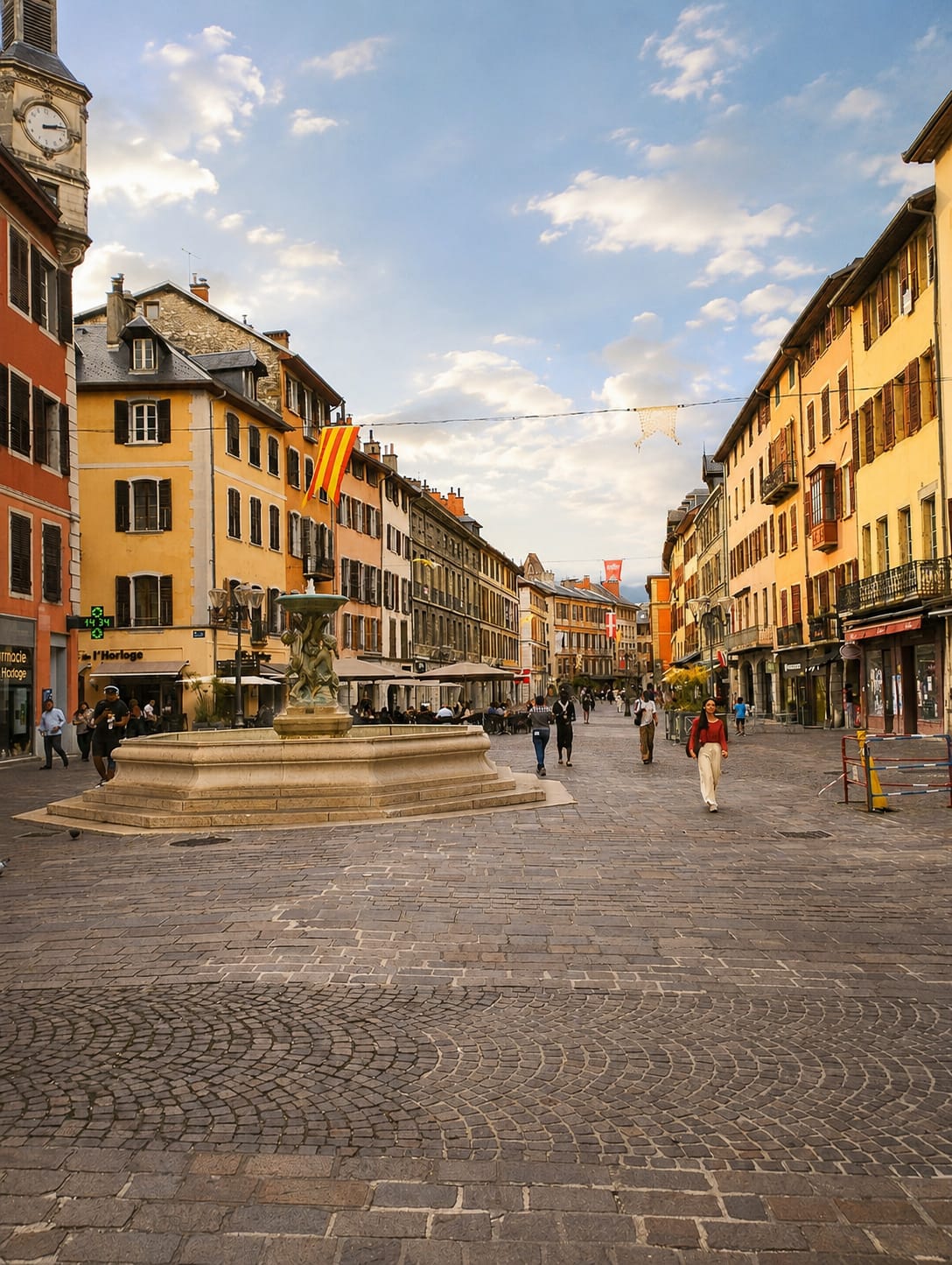 La place Saint-Léger, sa fontaine et la tour de l'horloge